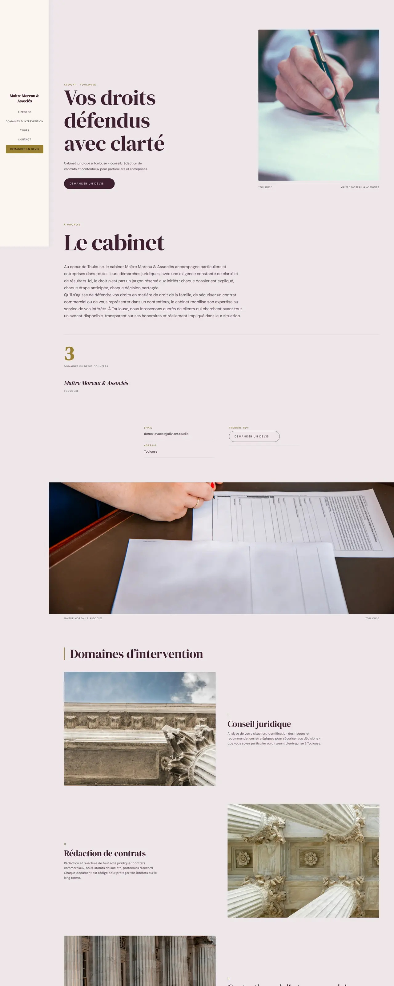 Capture d'écran du site Maître Moreau & Associés, design professionnel à navigation latérale, fond sombre sobre et grille classique.