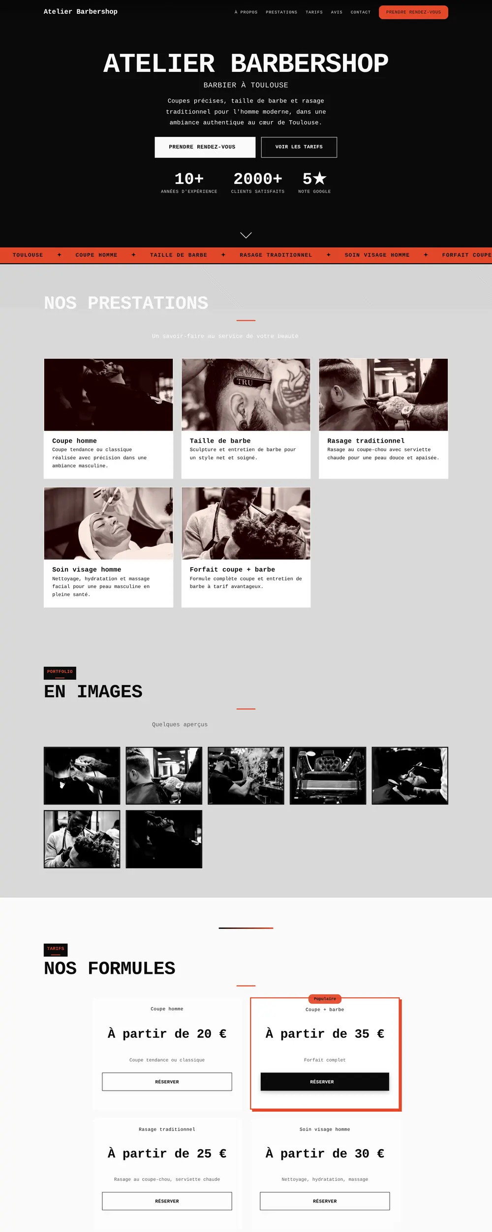 Capture d'écran du site Atelier Barbershop, design audacieux sur fond sombre, accents vermillon et typographie massive