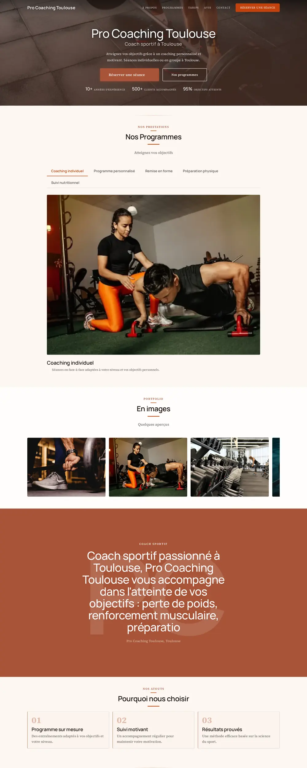 Capture d'écran du site Pro Coaching Toulouse, design compact et dense, hero color-block orange et CTA répétés.