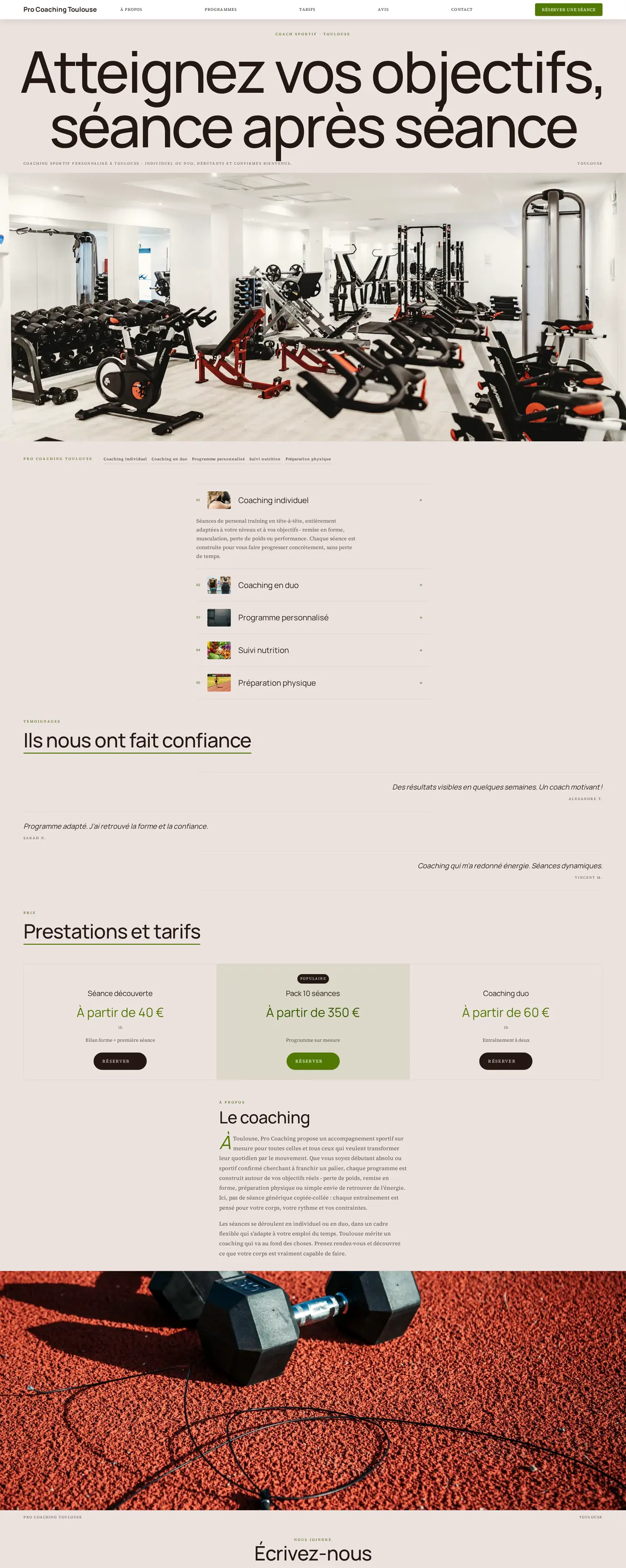 Capture d'écran du site Pro Coaching Toulouse, design compact et dense, hero color-block orange et CTA répétés.