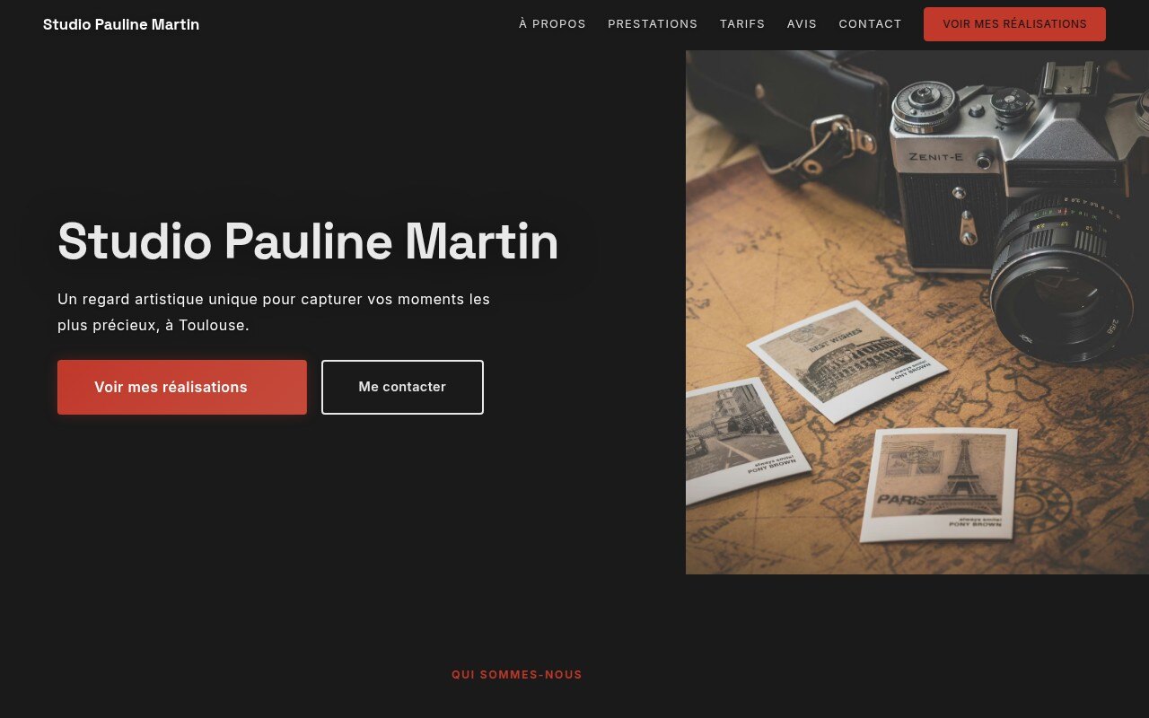Capture d'écran du site Studio Pauline Martin, design minimaliste avec galerie centrée en noir et blanc