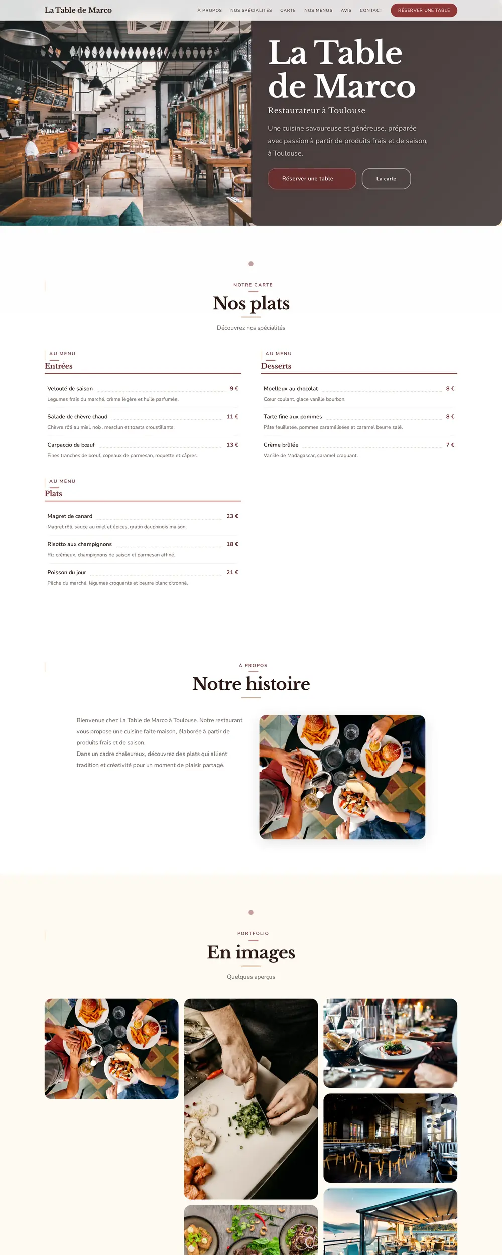 Capture d'écran du site La Table de Marco, design chaleureux aux tons chauds, carte gourmande et cards encadrées.