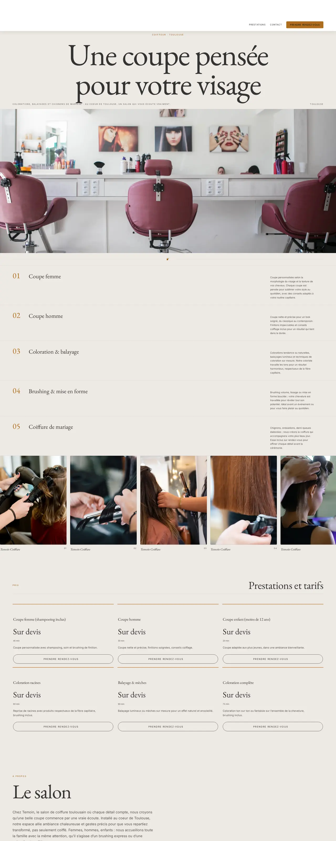 Capture d'écran du site Temoin Coiffure, vrai site en ligne, design signature épuré, monogramme centré et large respiration.